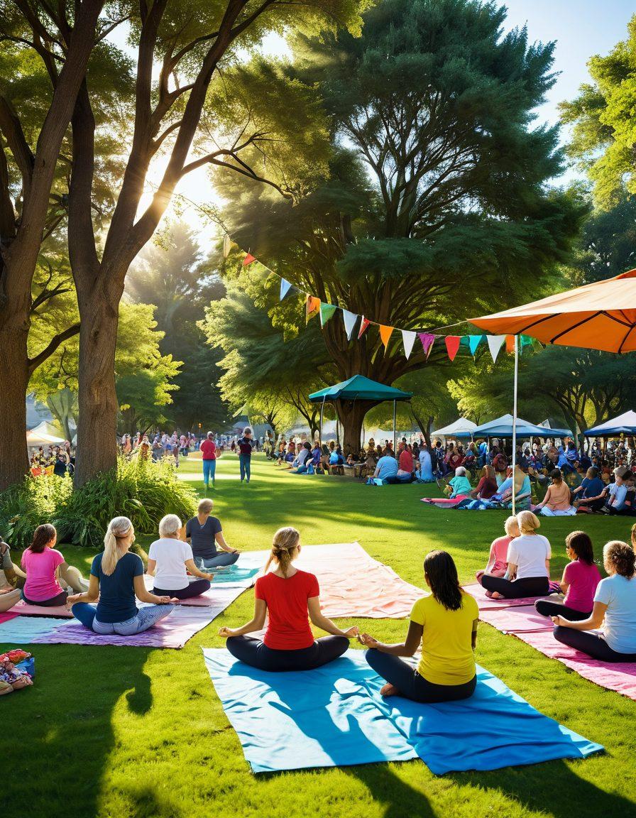 A vibrant community gathering in a sunlit park, showcasing smiling residents participating in various blissful events like a farmers' market, outdoor yoga, and children playing. Lush greenery surrounds them, with colorful banners celebrating community spirit. A picturesque sunset casts a golden glow, enhancing the joyful atmosphere. super-realistic. vibrant colors. 3D.