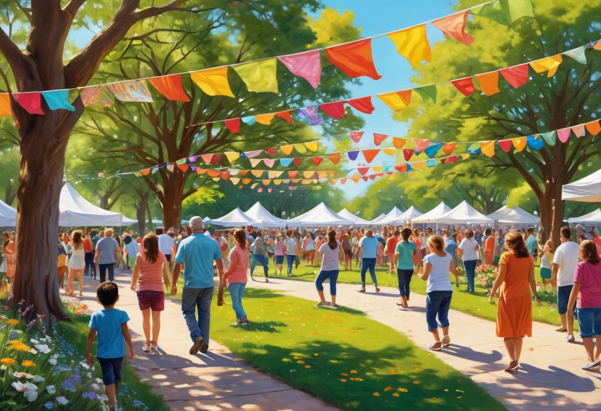 A vibrant community gathering in a sunny park, showcasing diverse individuals of all ages engaging in joyful activities such as dancing, painting, and sharing food. Colorful banners representing Barriodevo's happiness initiatives flutter in the breeze, with a backdrop of lush trees and cheerful flowers. A lively atmosphere radiates warmth and connection, embodying the essence of local joy. super-realistic. vibrant colors. 3D.